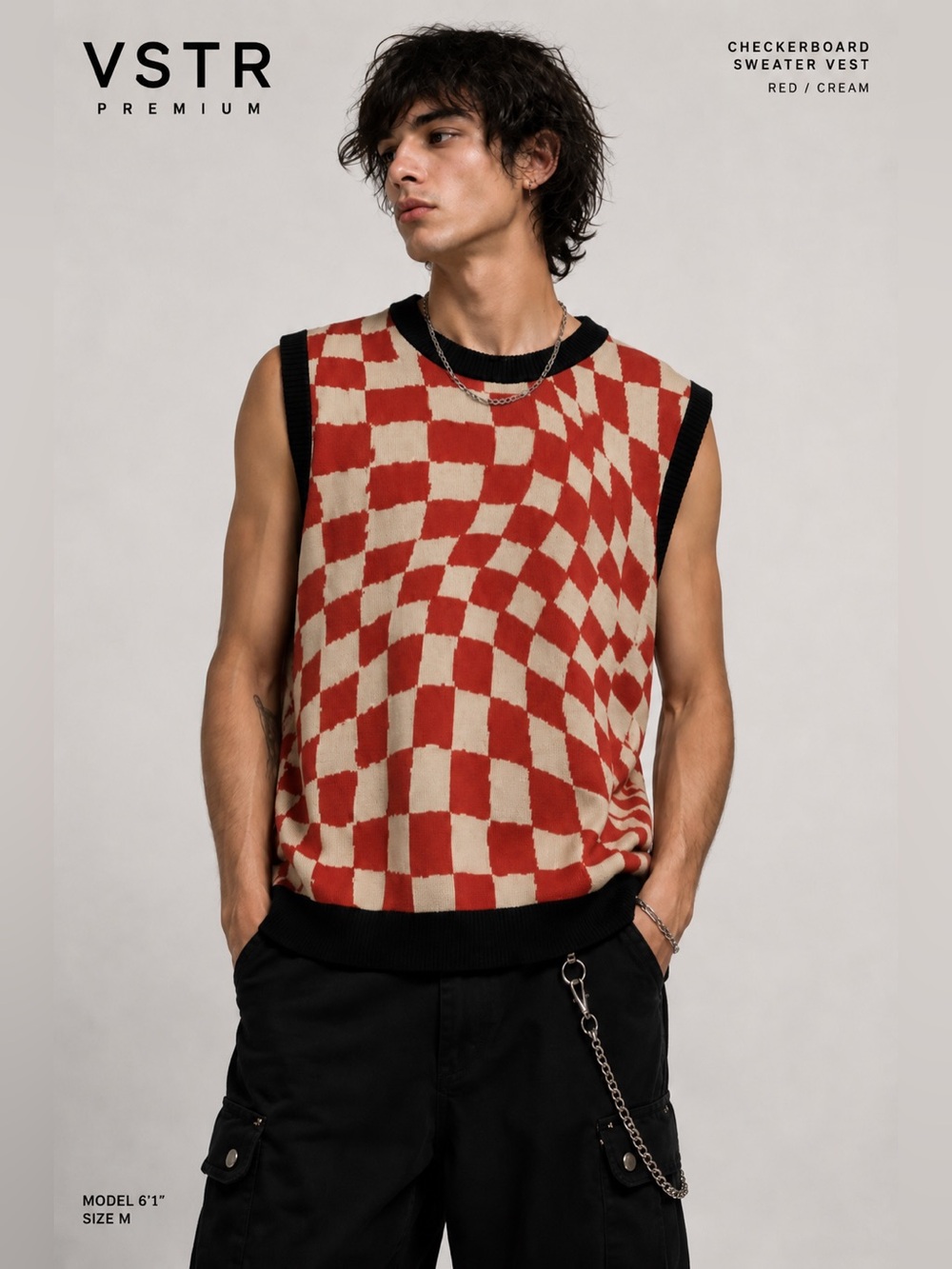 VSTR Premium Optical Checkerboard Sweater Vest Medium Red Cream Retro Grunge B5